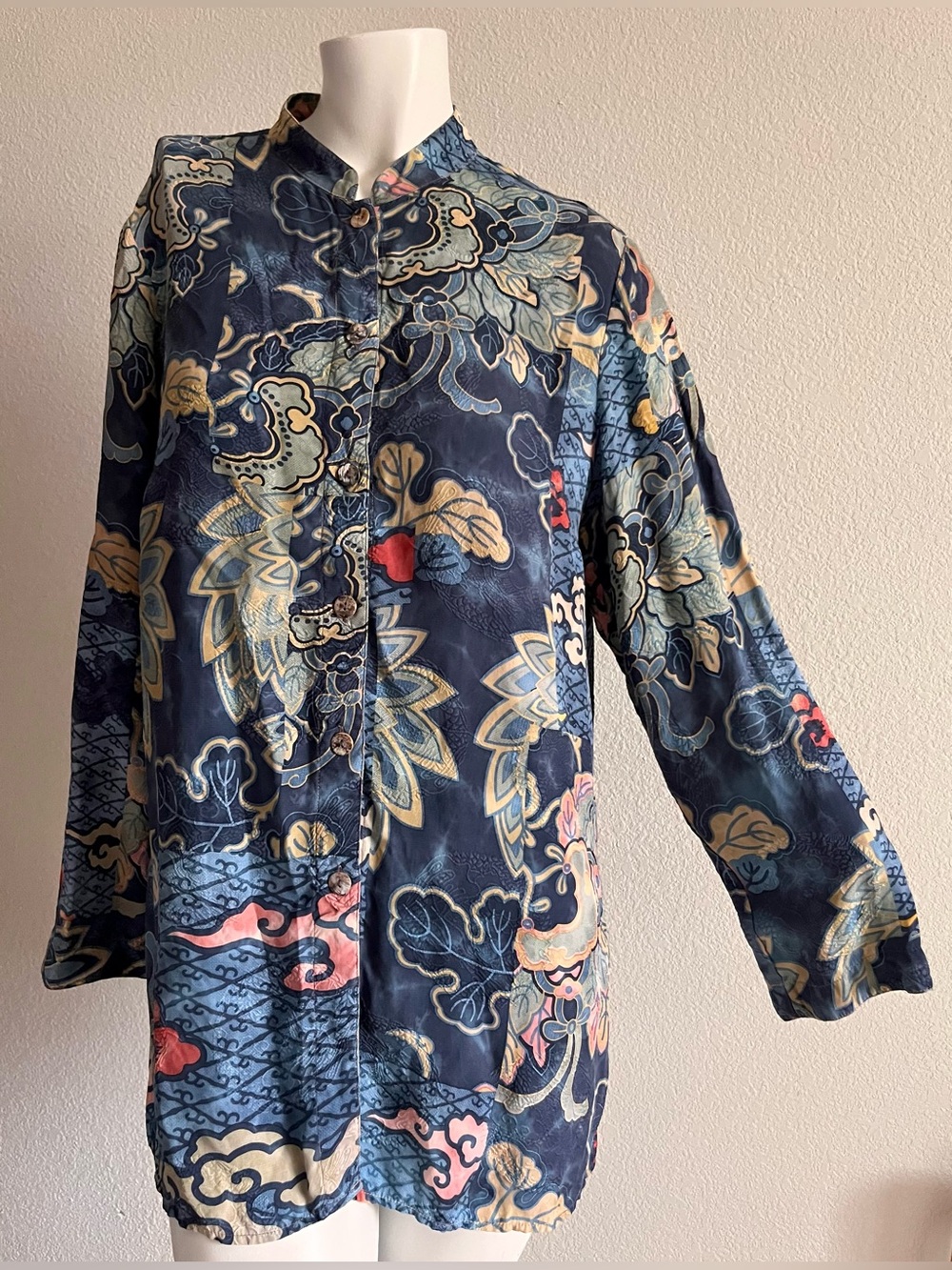 Citron Santa Monica 100% Silk Fukure Art Wear Tunic Blouse M Textured Button up